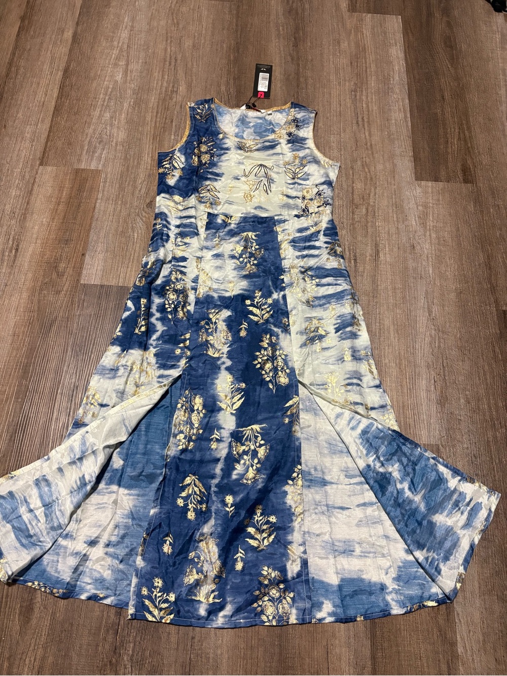 Blue & Gold Floral Sleeveless Maxi Dress with Cuts in Front